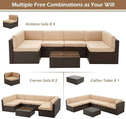 U-MAX 7 Piece Outdoor Patio Furniture Set, PE Rattan Wicker Sofa Set, Outdoor Sectional Furniture Chair Set with Cushions and Tea Table, Brown