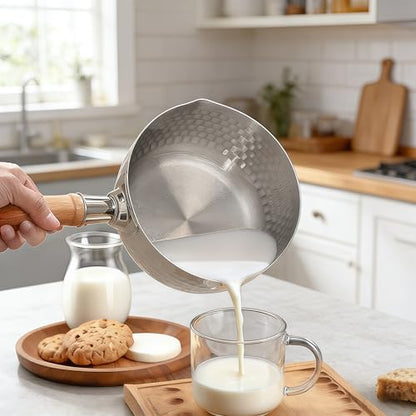 2 Quart Sauce Pan with Lid, Stainless Steel Saucepan with Dual Pour Spouts, Small Sauce Pot with Cool-Touch Wood Handle
