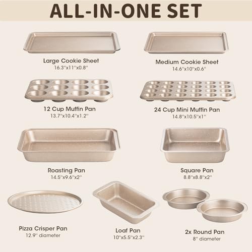 Terlulu 10-Piece Baking Pans Set, Bakeware Sets Nonstick, Baking Set for Oven Cooking, Stackable Carbon Steel Pans Include Cookie Sheets, Muffin Pan, Cake Pan, Pizza Pan, Loaf Pan, Roasting Pan, Gold