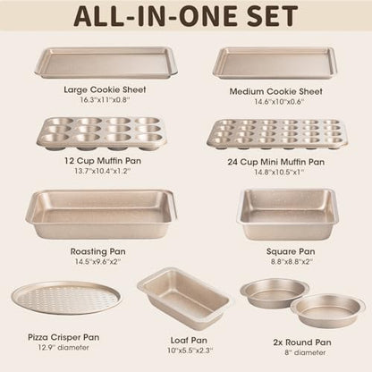 Terlulu 10-Piece Baking Pans Set, Bakeware Sets Nonstick, Baking Set for Oven Cooking, Stackable Carbon Steel Pans Include Cookie Sheets, Muffin Pan, Cake Pan, Pizza Pan, Loaf Pan, Roasting Pan, Gold