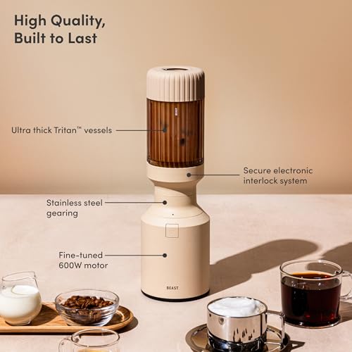 The Beast Mini Blender Plus | Mini Countertop Kitchen Blender | Blend Smoothies and Shakes, Dressings, Sauces, Dips | Extra Vessels, Straw Cap and Straws Included | 600W (Sand)