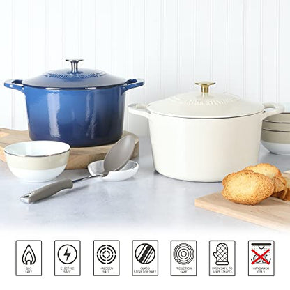 MARTHA STEWART Gatwick 7-Quart Enamel Cast Iron Dutch Oven – Linen White With Gold – Heavy-Duty Dutch Oven for Slow Cooking, Braising & Baking