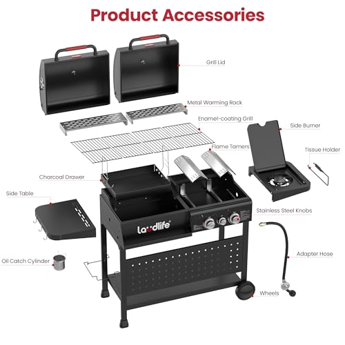 LAUDLIFE Gas and Charcoal Grill Combo with Side Burner, 3 Burners Propane BBQ Grill, 748 SQ.IN Cooking Space, Non-Stick Enamel Coating Grates, Heavy-Duty Stand for Backyard & Outdoor Barbecue