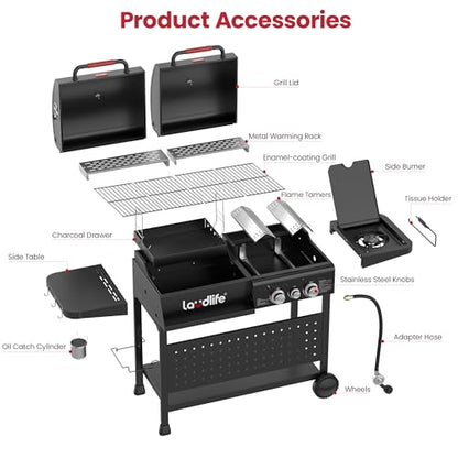 LAUDLIFE Gas and Charcoal Grill Combo with Side Burner, 3 Burners Propane BBQ Grill, 748 SQ.IN Cooking Space, Non-Stick Enamel Coating Grates, Heavy-Duty Stand for Backyard & Outdoor Barbecue