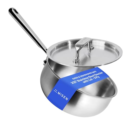 Misen 5-Ply Stainless Steel Saucier with Lid– Induction-Compatible Pan with Curved Sides for Smooth Stirring - Oven Safe to 800F – Even Heat Distribution & Ergonomic Handle - 2 QT