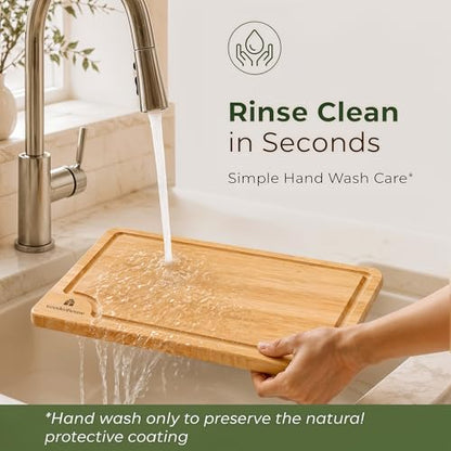 Set of 3 Bamboo Cutting Boards for Kitchen - Thick & Durable Wood Cutting Boards Set with Deep Juice Grooves & Build-in Handles, Large Surface, Easy to Clean – for Meat, Vegetables and Fruits