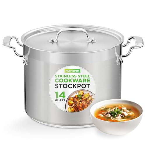 NutriChef Stainless Steel Cookware Stockpot - 14 Quart, Heavy Duty Induction Pot, Soup Pot with Stainless Steel Lid, Gas, Induction, Ceramic, Glass and Halogen Cooktops Compatible - NCSPT14Q