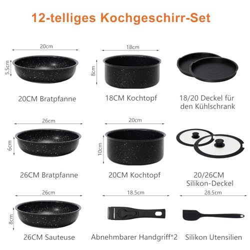 Sweetcrispy 12 pcs Pots and Pans Set, Nonstick Kitchen Induction Cookware Suit with Detachable Handle, Dishwasher Oven Safe, Black
