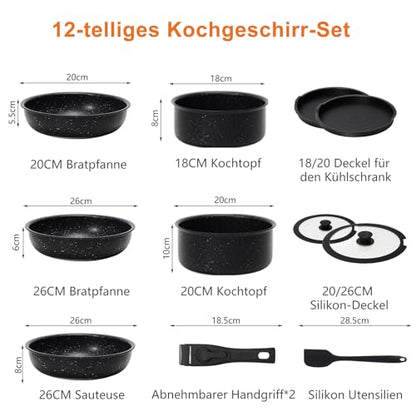 Sweetcrispy 12 pcs Pots and Pans Set, Nonstick Kitchen Induction Cookware Suit with Detachable Handle, Dishwasher Oven Safe, Black