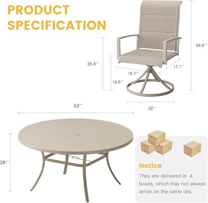 VICLLAX 7 Pieces Patio Dining Set for 6-Outdoor Furniture Includes 53" Round Outdoor Table and Swivel Padded Chairs, Sandshell Color Tabletop and Fabric