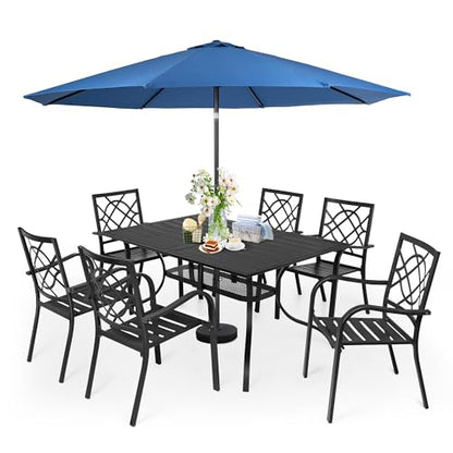 SUNCROWN 8-Piece Outdoor Wrought Iron Chairs and Table Patio Dining Furniture Set-6 Stackable Metal Chairs, 1 Steel Slat Bistro Table and 1 Dark Blue 9Ft Patio Umbrella for Garden Backyard Deck