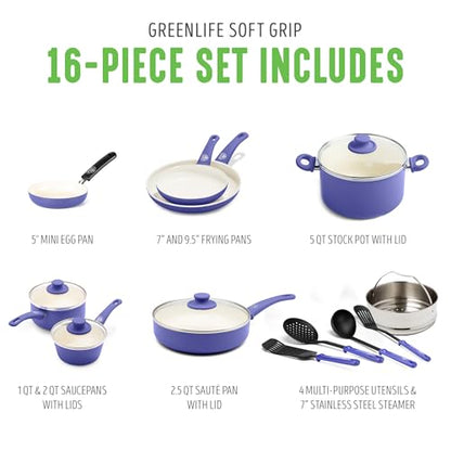 GreenLife 16 Piece Nonstick Cookware Set, Soft Grip Non-Toxic PFAS-Free Ceramic Pots & Pans, Dishwasher & Oven Safe, Frying, Sauce, Utensils, Glass Lids, Stay-Cool Handles, Wobble Free, Periwinkle