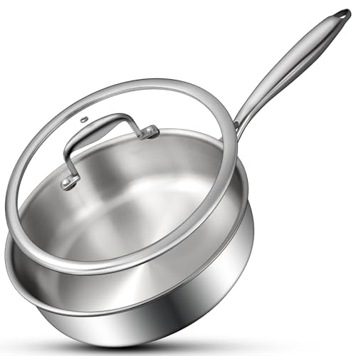 EWFEN Tri-Ply Stainless Steel Frying Pan 3QT, 10 Inch Deep Frying Pan with lids, Skillet, Induction Cooking Pan, Dishwasher and Oven Safe, Fast & Even Heat, Heavy Duty and Detachable Handle