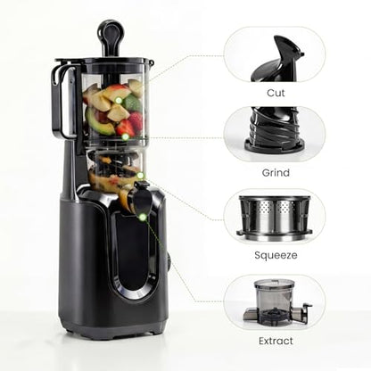 KMFurnila Slow Masticating Juicer Machines, Cold Press Juicer with Safety Lock & Reverse Function, 4.25" Feed Chute for Whole Fruits & Vegetables, High Juice Yield, Black