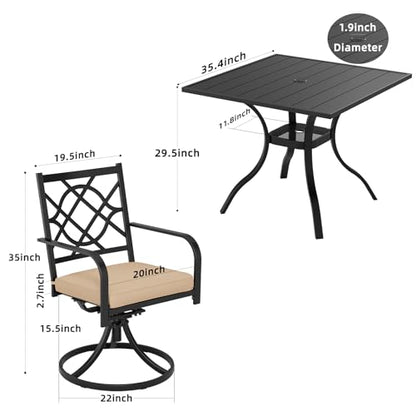 Patiomore 5 Piece Patio Dining Set Outdoor Furniture Set, Square Metal Patio Dining Table with Umbrella Hole & 4 Swivel Dining Chairs for Garden Lawn Yard
