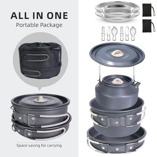 DINITHRON 13-Piece Camping Cookware Set with Anti-Scald Silicone Handles, Lightweight Non-Stick Aluminum Pots and Pans, Compact Mess Kit for Backpacking & Survival