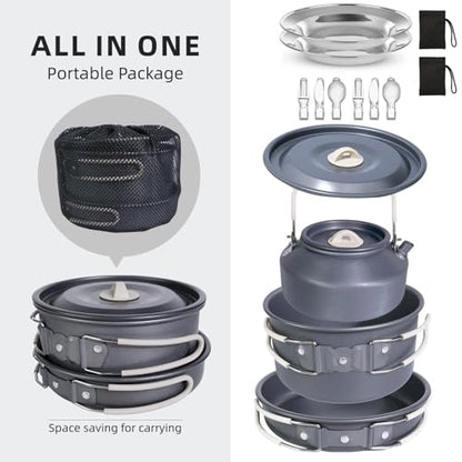 DINITHRON 13-Piece Camping Cookware Set with Anti-Scald Silicone Handles, Lightweight Non-Stick Aluminum Pots and Pans, Compact Mess Kit for Backpacking & Survival