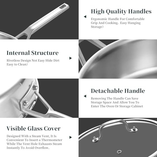Yeksum 3-Quart Saute Pan with Lid | 10-Inch 3-Ply 18/10 Stainless Steel Deep Fry Pan & Large Skillet, Healthy Non-Toxic Cookware, Oven Safe 600°F & Dishwasher Safe