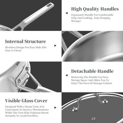 Yeksum 3-Quart Saute Pan with Lid | 10-Inch 3-Ply 18/10 Stainless Steel Deep Fry Pan & Large Skillet, Healthy Non-Toxic Cookware, Oven Safe 600°F & Dishwasher Safe
