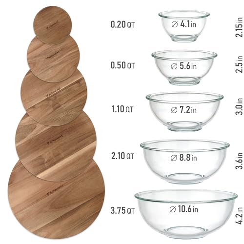 dokaworld Set of 5 Nesting Glass Bowls with New Updated Acacia Lids for Foodprep, Storage, Mixing & Cooking - Microwave & Oven-ready BPA Free Durable Heat Resistant Inert Borosilicate Glass