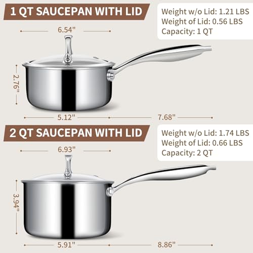 EWFEN 3 Ply Stainless Steel Sauce Pan Set with Lids, 1 & 2 Quart Multipurpose Cooking Pot, Stay-Cool Handle, Induction Oven Dishwasher Safe, 1QT & 2QT