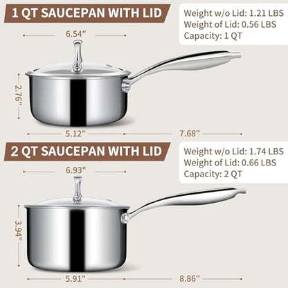 EWFEN 3 Ply Stainless Steel Sauce Pan Set with Lids, 1 & 2 Quart Multipurpose Cooking Pot, Stay-Cool Handle, Induction Oven Dishwasher Safe, 1QT & 2QT