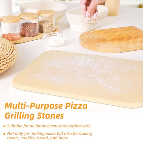 GOFOWRK Pizza Stone 5 PCS Set, 15 x 12" Large Rectangle Pizza Stone Set for Oven and Grill with Metal Pizza Peels & Cutter Rocker, 0.6'' Thickened Stone Pizza Pan, Baking Stone for Pizza, Bread