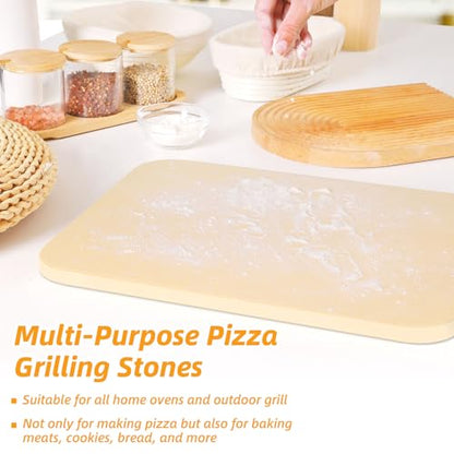 GOFOWRK Pizza Stone 5 PCS Set, 15 x 12" Large Rectangle Pizza Stone Set for Oven and Grill with Metal Pizza Peels & Cutter Rocker, 0.6'' Thickened Stone Pizza Pan, Baking Stone for Pizza, Bread
