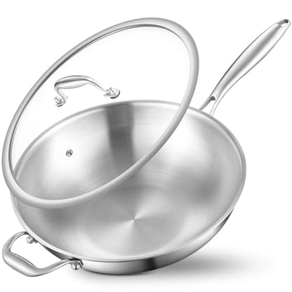 DELARLO Woks & Stir-Fry Pans, 13 in Stainless Steel Pan with Lid, With Side Ear, Large Cooking Surface, Tri-Ply Stainless Steel Wok Pan, 3 Layer Stainless Steel Saute Pan, Works on Induction, 600℉