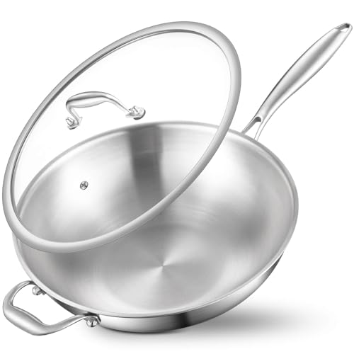 DELARLO Woks & Stir-Fry Pans, 13 in Stainless Steel Pan with Lid, With Side Ear, Large Cooking Surface, Tri-Ply Stainless Steel Wok Pan, 3 Layer Stainless Steel Saute Pan, Works on Induction, 600℉