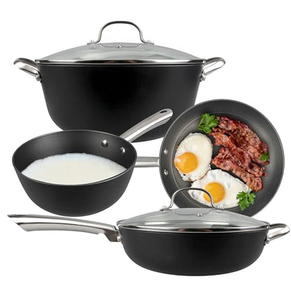 Cuisiland 4-Piece Honeycomb Cast Iron Cookware Set – 2.5QT/7.5'' Milk Pot, 10" Frying Pan, 10" Shallow Braising Pan & 5.5QT/10.5'' Casserole Pot, Non-Stick, Oven Safe, Classic Heat Retention