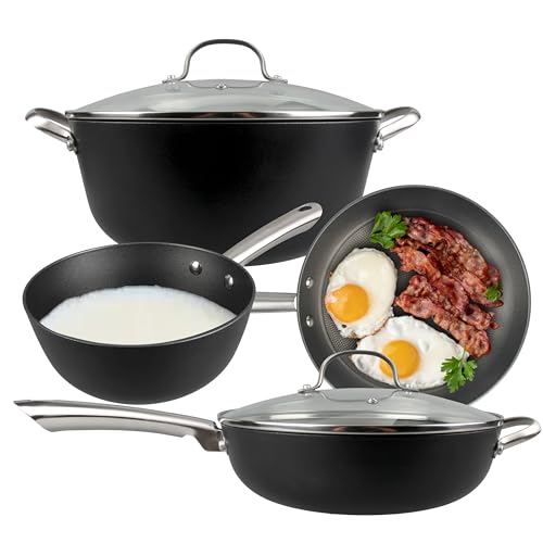 Cuisiland 4-Piece Honeycomb Cast Iron Cookware Set – 2.5QT/7.5'' Milk Pot, 10" Frying Pan, 10" Shallow Braising Pan & 5.5QT/10.5'' Casserole Pot, Non-Stick, Oven Safe, Classic Heat Retention