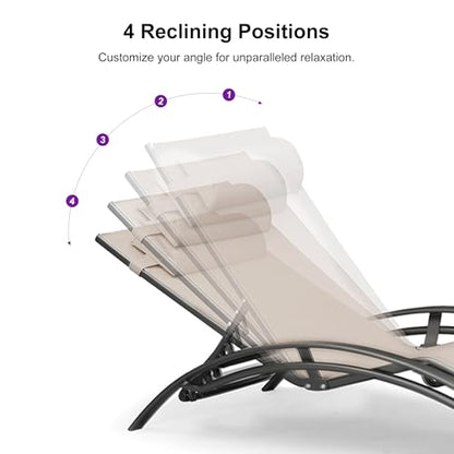 PURPLE LEAF Patio Chaise Lounge Set of 3 Outdoor Lounge Chair Beach Pool Sunbathing Lawn Lounger Recliner Chiar Outside Tanning Chairs with Arm for All Weather, Side Table Included, Beige