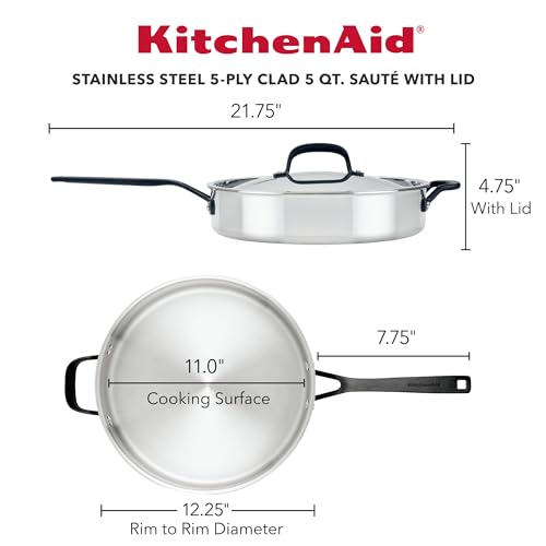 KitchenAid 5-Ply Clad Stainless Steel Stainless Steel Induction Saute Pan with Lid, 5 Quart - Polished Stainless Steel