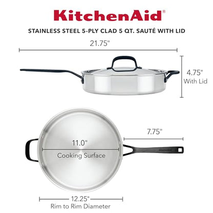 KitchenAid 5-Ply Clad Stainless Steel Stainless Steel Induction Saute Pan with Lid, 5 Quart - Polished Stainless Steel