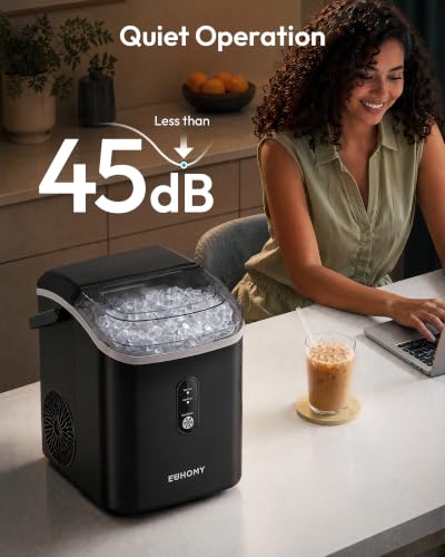 EUHOMY Nugget Ice Maker Countertop with Handle, Ready in 6 Mins, 34lbs Per Day, Removable Top Cover, Auto-Cleaning, Portable Sonic Ice Maker with Basket and Scoop, for Home/Party/RV/Camping (Black)