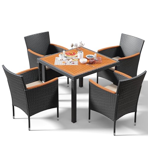 Devoko 5 PCS Furniture, Patio Conversation Set with Acacia Wood Top, Rattan Outdoor Dining Table and Chairs for Backyard, Garden, Deck, Black