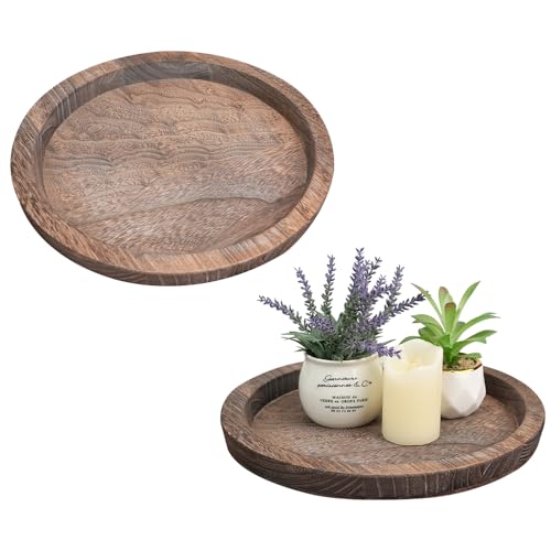 Mulaibdin 2 Pcs Decorative Serving Trays, Wooden Coffee Table Tray Set of 2, Candle Holder Home Decor Round Tray for Farmhouse Kitchen Counter Bathroom Living Room Decor (Brown)