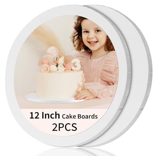 Cake Drums 12 Inch - Sturdy 1/2 Inch Cake Drum, Cake Boards 12 inch Round,Corrugated Cake Base Cake Boards for Multi-Layer Cakes, White, 2 Pcs
