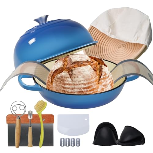 Cast Iron Bread Oven for Baking, 6QT Multi-Functional Dutch Oven Pot with Lid, Include Proofing Basket, Silicone Sling & Dough Whisk, Round Bread Pot for Sourdough Bread Baking, Cooking, Frying