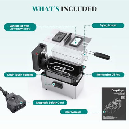 OLIXIS Deep Fryer for Home Use, Small Electric Fryer with 3 Liter Capacity, 1500W Power, 4 Adjustable Temp, Lid with Viewing Window for Fried Chicken, Shrimp, French Fries, Silver