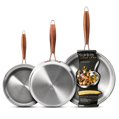 CAROTE 3-Piece Tri-Ply Stainless Steel Frying Pan Set, Skillet Set 8"/10"/12", Induction Compatible, Oven & Dishwasher Safe, Gold Handle, Mothers Day Gifts