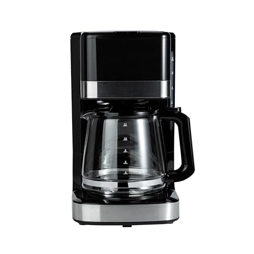 Amazon Basics 12 Cup Drip Coffee Maker with Glass Carafe (1.9 Qt), Auto Shut-off, Auto Pause, Removable Filter Basket, Black & Silver