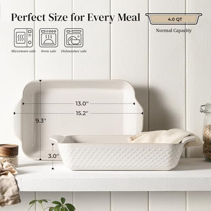 DOWAN 9x13 Deep Lasagna Baking Dish, Ceramic Casserole Dish for Oven, 4 Quarts Embossed Baking Pan with Handles, Oven Safe Bakeware for Roasting, Desserts, Durable & Giftable, Arctic White