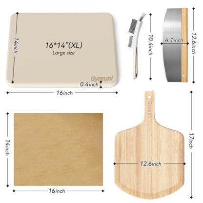 5 PCS Rectangle Pizza Stone Set, 16"Large Pizza Stone for Oven and Grill with Pizza Peel(OAK), Stone Brush,Pizza Cutter & 10pcs Cooking Paper for Free, Baking Stone for Pizza, Bread,BBQ