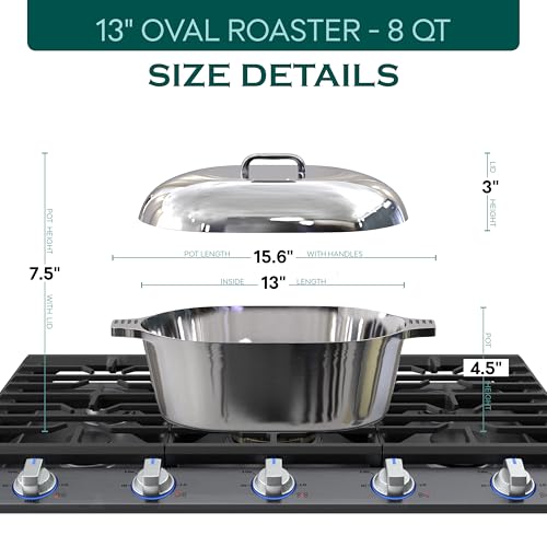 MAGNAWARE Cast Aluminum Oval Dutch Oven with Lid — 8 QT Heavy Duty Roaster Pan with Rack & Silicone Cover Dual Handles — Cajun Cookware for Roasting, Baking, Cooking (13" Medium)