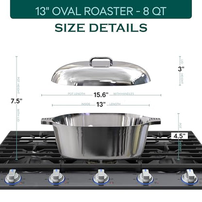 MAGNAWARE Cast Aluminum Oval Dutch Oven with Lid — 8 QT Heavy Duty Roaster Pan with Rack & Silicone Cover Dual Handles — Cajun Cookware for Roasting, Baking, Cooking (13" Medium)