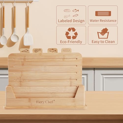 Fiery Chef 12.6"L x 9"W Bamboo Cutting Board Set of 4 - Wood Cutting Board Set with Holder, Chopping Boards Set with Food Icons, Juice Groove - Ideal for Meat, Fish, Bread, Vegetable, Fruit Chopping