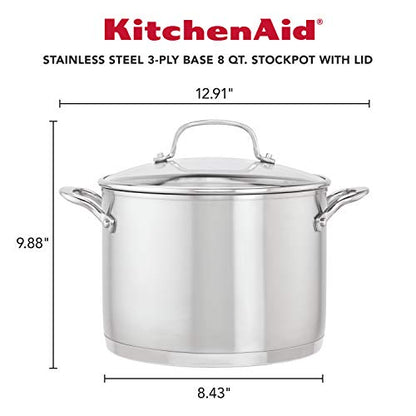 KitchenAid 71003 3-Ply Base Brushed Stainless Steel Stock Pot/Stockpot with Lid, 8 Quart