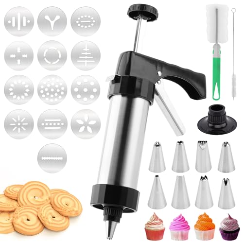 Stainless Steel Cookie Press Gun Kit with 13 Discs & 8 Tips for Baking, DIY Spritz Cookies, Biscuits & Cake Decorating Supplies